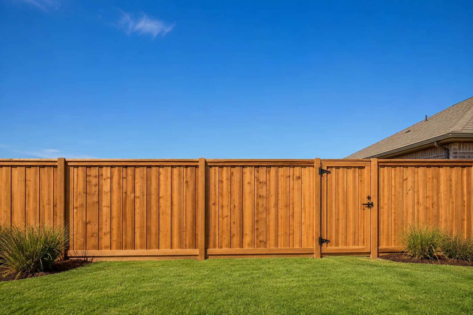 Cedar privacy fence and walk gate beside a brick home under a blue North Texas sky
