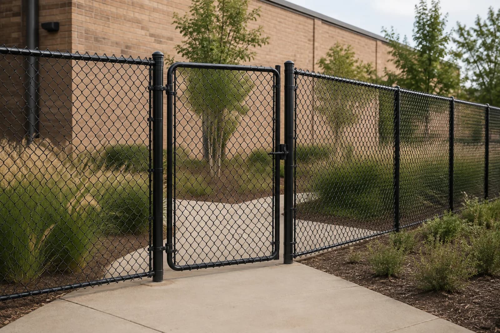 Black-coated chain-link fence and pedestrian gate at a landscaped commercial property