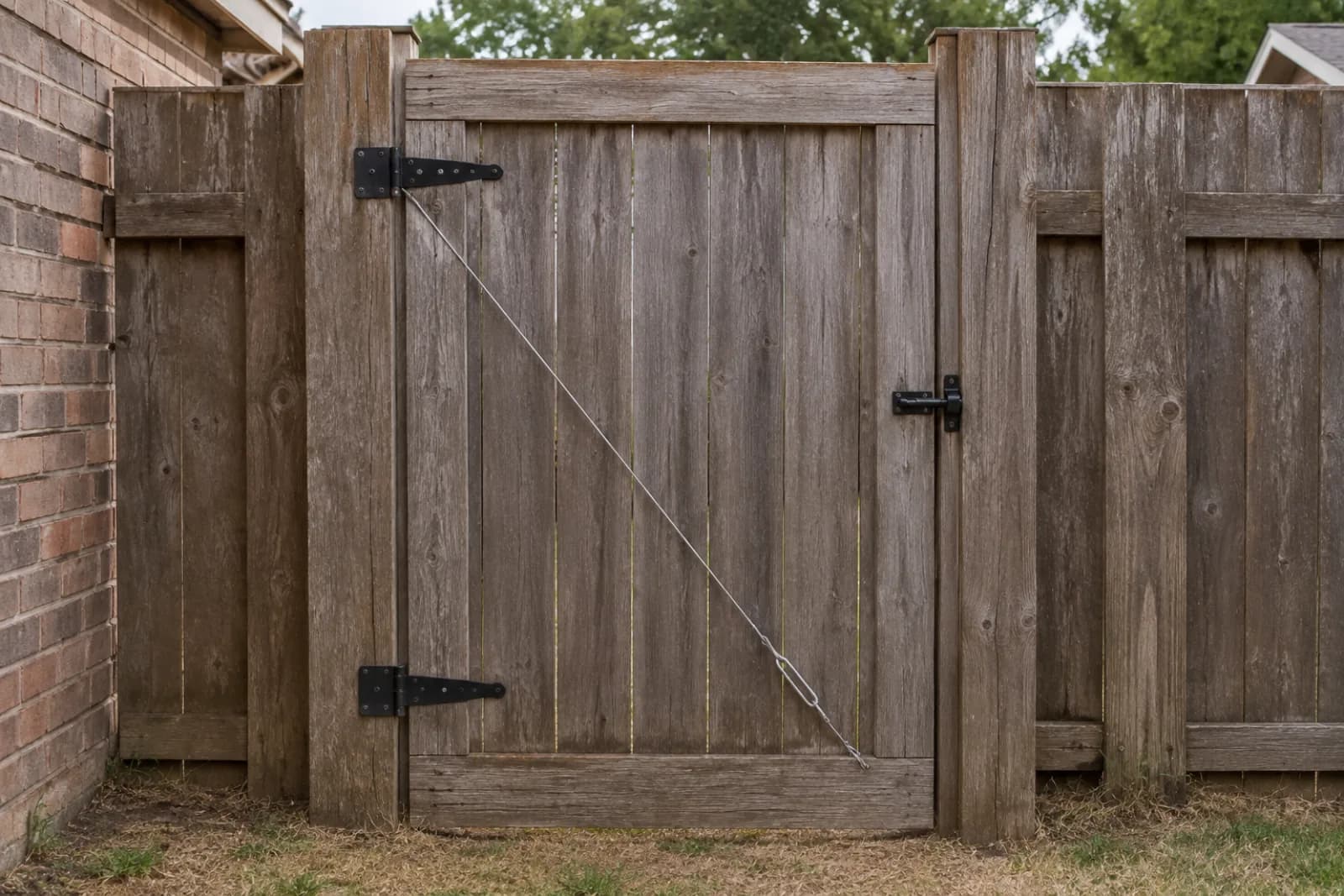 Weathered cedar gate realigned with repaired hinges, latch and anti-sag cable