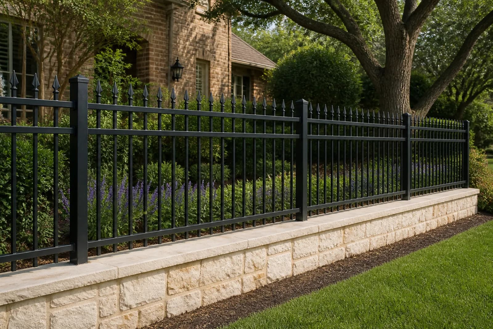 Black ornamental metal fence on a low limestone garden wall